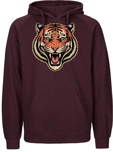 Third Eye Mystical Tiger Head Art Print - Tiger, third eye, mystical, spiritual, fierce tiger, animal art, tattoo style, wild animal, nature, bold art, unique design, tiger head, big cat, spiritual animal, tiger art print, animal lover, eye-catching, cool design, powerful, tiger roar - Fairtrade Hoodie