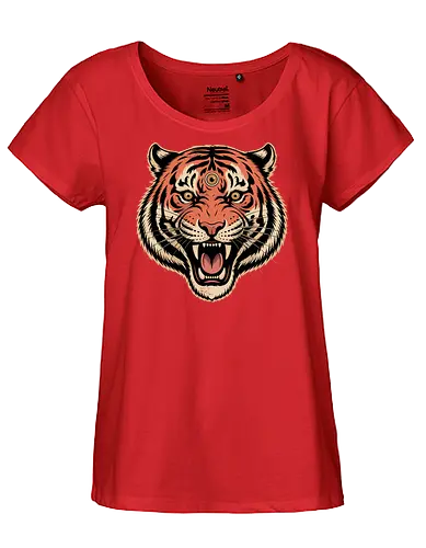 Third Eye Mystical Tiger Head Art Print - Tiger, third eye, mystical, spiritual, fierce tiger, animal art, tattoo style, wild animal, nature, bold art, unique design, tiger head, big cat, spiritual animal, tiger art print, animal lover, eye-catching, cool design, powerful, tiger roar - Fairtrade Girl Shirt