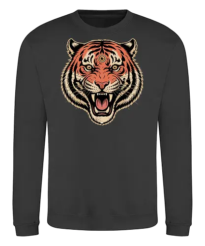 Third Eye Mystical Tiger Head Art Print - Tiger, third eye, mystical, spiritual, fierce tiger, animal art, tattoo style, wild animal, nature, bold art, unique design, tiger head, big cat, spiritual animal, tiger art print, animal lover, eye-catching, cool design, powerful, tiger roar - Sweatshirt