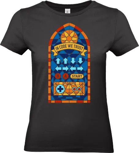 In Code We Trust - gamer, cheat code, console, controller, funny, gaming, geek, geometric, humor, nerd, nostalgia, old school, retro, stained glass, video game - Standard T-Shirt (Frauen)