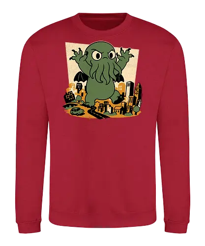 Cthulhu City Destruction - Cthulhu, Call Of Cthulhu, Cute, Cosmic Horror, Cosmic, Hp Lovecraft, Lovecraftian, Lovecraft, Animation, Horror, Vintage, Retro, Old Gods, Ancient Gods, Madness, Destroy - Sweatshirt