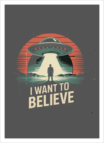 I Want To Believe" UFO Alien Abduction Retro Art