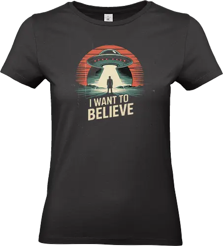 I Want To Believe" UFO Alien Abduction Retro Art - I Want To Believe, UFO, alien abduction, X-Files, retro sci-fi, vintage, conspiracy theory, extraterrestrial, flying saucer, Mulder, space, alien, sci-fi art, paranormal, mystery, cult classic, distressed, pop culture, space art - Standard T-Shirt (Frauen)