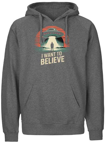 I Want To Believe" UFO Alien Abduction Retro Art - I Want To Believe, UFO, alien abduction, X-Files, retro sci-fi, vintage, conspiracy theory, extraterrestrial, flying saucer, Mulder, space, alien, sci-fi art, paranormal, mystery, cult classic, distressed, pop culture, space art - Fairtrade Hoodie
