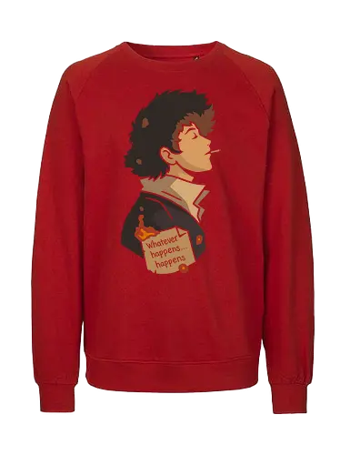 The Weight of Fate - Spike Spiegel, Cowboy, minimalist anime art, Whatever happens happens, Faye Valentine, Jet Black, Ed, Ein, anime poster, retro anime, Japanese animation, vector art, fan art, anime T-shirt design, anime print, Bebop, space bounty hunter - Fairtrade Sweatshirt