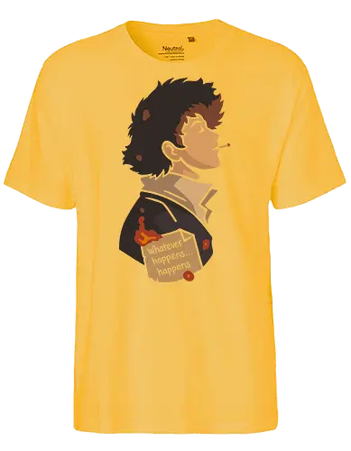 The Weight of Fate - Spike Spiegel, Cowboy, minimalist anime art, Whatever happens happens, Faye Valentine, Jet Black, Ed, Ein, anime poster, retro anime, Japanese animation, vector art, fan art, anime T-shirt design, anime print, Bebop, space bounty hunter - Fairtrade T-Shirt
