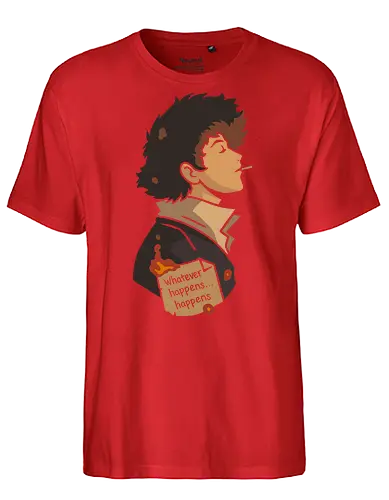 The Weight of Fate - Spike Spiegel, Cowboy, minimalist anime art, Whatever happens happens, Faye Valentine, Jet Black, Ed, Ein, anime poster, retro anime, Japanese animation, vector art, fan art, anime T-shirt design, anime print, Bebop, space bounty hunter - Fairtrade T-Shirt