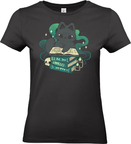 Magical Cat with Spellbook - i put a spell on you, spellbook, black magic, black cat, books, witch, witchy, enchantment, creepy cute, spooky cute, goth, witchcraft, occult, green, xmorfina - Standard T-Shirt (Frauen)