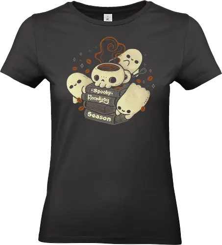 Spooky Reading Season - coffee bean, reading season, books, spooky cute, bookworm, creepy cute, ghost, coffee, halloween, fall, autumn, horror, skull cup, cozy, xmorfina - Standard T-Shirt (Frauen)