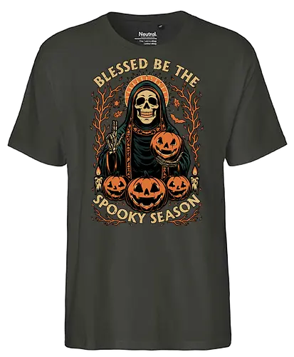 Blessed Spooky Season - Halloween, Skull, Skeleton, Halloween Art, Halloween Humor, Halloween Design, Halloween Aesthetic, Halloween Pumpkin, Creepy, Fright, Creepy, Scary, Bats, Bat, Sacred, Pumpkin, Pumpkin Head, Pumpkin Carving, Vibe, Spooky, Spooky Season, Spooky Skeleton, Candle, Blessed, Bless - Fairtrade T-Shirt