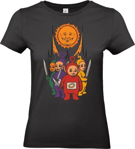  The Sun Warriors - Teletubbies, dark fantasy, funny, meme, parody, fantasy, grim, warriors, sun, nerd, geek, otaku, pop culture, sword, medieval, battle, retro, cartoon, 90s, nostalgia, vintage, unique, original, cult classic, TV show, TV series, baby sun, edgy, ironic, ironic humor - Standard T-Shirt (Frauen)