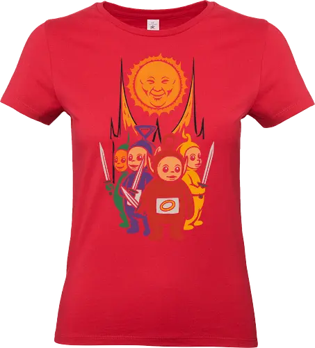  The Sun Warriors - Teletubbies, dark fantasy, funny, meme, parody, fantasy, grim, warriors, sun, nerd, geek, otaku, pop culture, sword, medieval, battle, retro, cartoon, 90s, nostalgia, vintage, unique, original, cult classic, TV show, TV series, baby sun, edgy, ironic, ironic humor - Standard T-Shirt (Frauen)