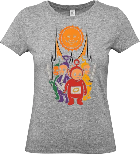  The Sun Warriors - Teletubbies, dark fantasy, funny, meme, parody, fantasy, grim, warriors, sun, nerd, geek, otaku, pop culture, sword, medieval, battle, retro, cartoon, 90s, nostalgia, vintage, unique, original, cult classic, TV show, TV series, baby sun, edgy, ironic, ironic humor - Standard T-Shirt (Frauen)