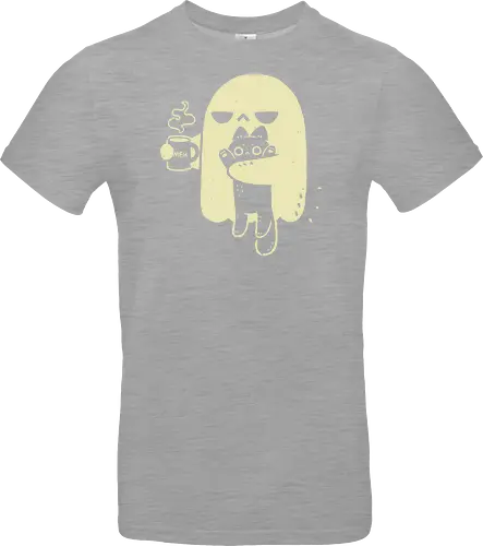 Cute Ghost Holding Cat - morning, monday, ghost, black cat, holding cat, grumpy, coffee, funny, sarcastic, mug, meh, spooky cute, creepy cute, hate, xmorfina - Standard T-Shirt