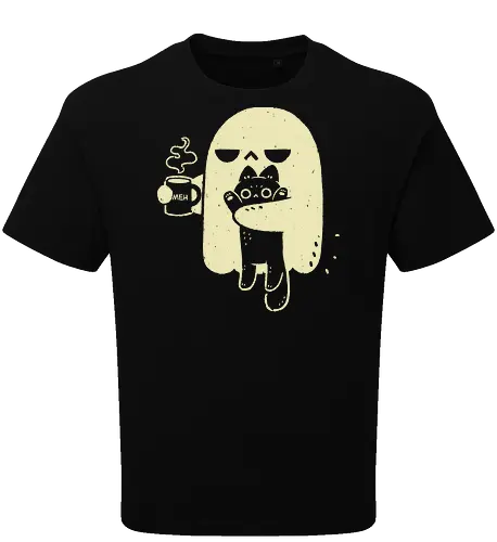 Cute Ghost Holding Cat - morning, monday, ghost, black cat, holding cat, grumpy, coffee, funny, sarcastic, mug, meh, spooky cute, creepy cute, hate, xmorfina - Oversize T-Shirt