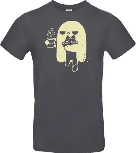 Cute Ghost Holding Cat - morning, monday, ghost, black cat, holding cat, grumpy, coffee, funny, sarcastic, mug, meh, spooky cute, creepy cute, hate, xmorfina - Standard T-Shirt