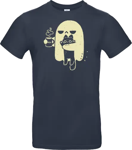 Cute Ghost Holding Cat - morning, monday, ghost, black cat, holding cat, grumpy, coffee, funny, sarcastic, mug, meh, spooky cute, creepy cute, hate, xmorfina - Standard T-Shirt