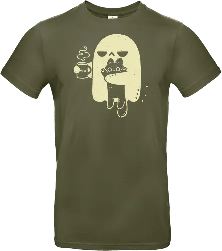 Cute Ghost Holding Cat - morning, monday, ghost, black cat, holding cat, grumpy, coffee, funny, sarcastic, mug, meh, spooky cute, creepy cute, hate, xmorfina - Standard T-Shirt