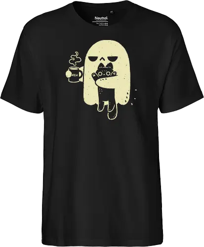 Cute Ghost Holding Cat - morning, monday, ghost, black cat, holding cat, grumpy, coffee, funny, sarcastic, mug, meh, spooky cute, creepy cute, hate, xmorfina - Fairtrade T-Shirt