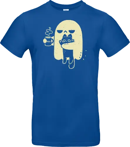 Cute Ghost Holding Cat - morning, monday, ghost, black cat, holding cat, grumpy, coffee, funny, sarcastic, mug, meh, spooky cute, creepy cute, hate, xmorfina - Standard T-Shirt