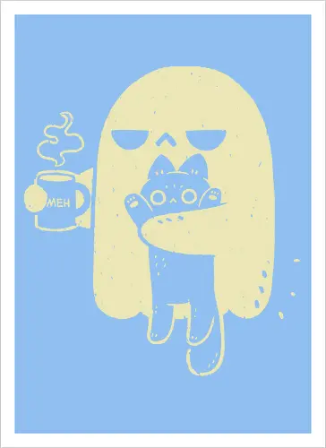 Cute Ghost Holding Cat - morning, monday, ghost, black cat, holding cat, grumpy, coffee, funny, sarcastic, mug, meh, spooky cute, creepy cute, hate, xmorfina - Kunstdruck
