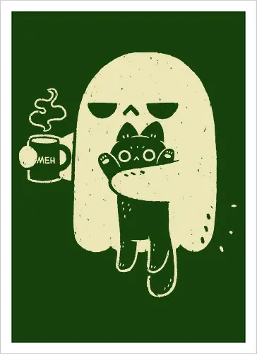 Cute Ghost Holding Cat - morning, monday, ghost, black cat, holding cat, grumpy, coffee, funny, sarcastic, mug, meh, spooky cute, creepy cute, hate, xmorfina - Kunstdruck