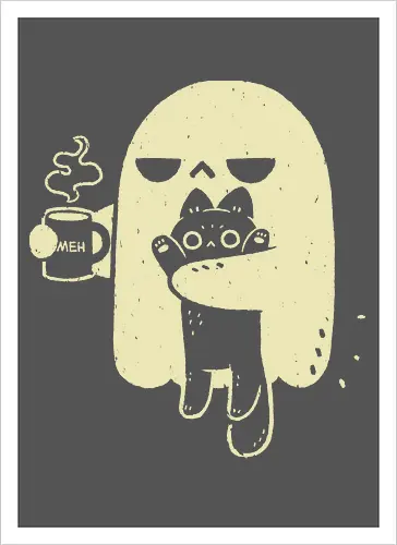 Cute Ghost Holding Cat - morning, monday, ghost, black cat, holding cat, grumpy, coffee, funny, sarcastic, mug, meh, spooky cute, creepy cute, hate, xmorfina - Kunstdruck