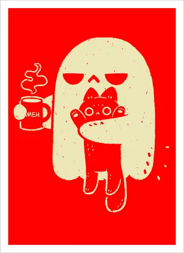 Cute Ghost Holding Cat - morning, monday, ghost, black cat, holding cat, grumpy, coffee, funny, sarcastic, mug, meh, spooky cute, creepy cute, hate, xmorfina - Kunstdruck