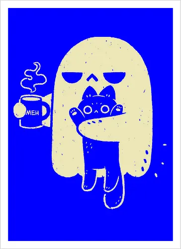 Cute Ghost Holding Cat - morning, monday, ghost, black cat, holding cat, grumpy, coffee, funny, sarcastic, mug, meh, spooky cute, creepy cute, hate, xmorfina - Kunstdruck