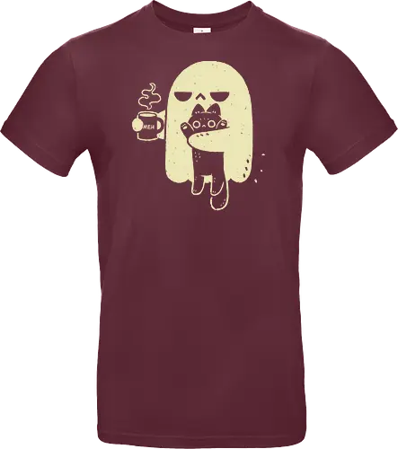 Cute Ghost Holding Cat - morning, monday, ghost, black cat, holding cat, grumpy, coffee, funny, sarcastic, mug, meh, spooky cute, creepy cute, hate, xmorfina - Standard T-Shirt