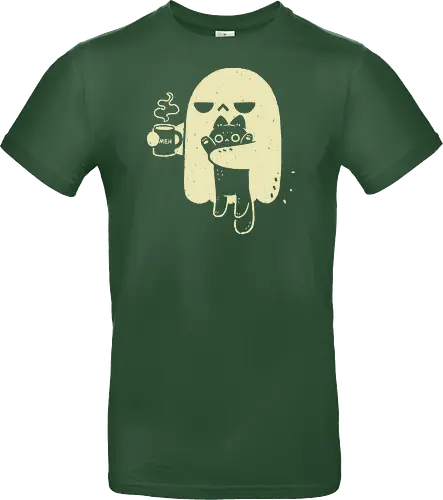 Cute Ghost Holding Cat - morning, monday, ghost, black cat, holding cat, grumpy, coffee, funny, sarcastic, mug, meh, spooky cute, creepy cute, hate, xmorfina - Standard T-Shirt