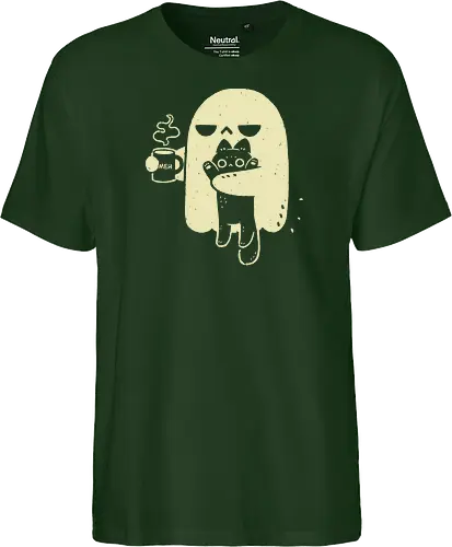 Cute Ghost Holding Cat - morning, monday, ghost, black cat, holding cat, grumpy, coffee, funny, sarcastic, mug, meh, spooky cute, creepy cute, hate, xmorfina - Fairtrade T-Shirt
