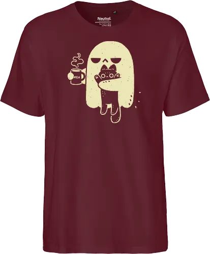 Cute Ghost Holding Cat - morning, monday, ghost, black cat, holding cat, grumpy, coffee, funny, sarcastic, mug, meh, spooky cute, creepy cute, hate, xmorfina - Fairtrade T-Shirt