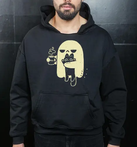 Cute Ghost Holding Cat - morning, monday, ghost, black cat, holding cat, grumpy, coffee, funny, sarcastic, mug, meh, spooky cute, creepy cute, hate, xmorfina - Cropped Hoodie