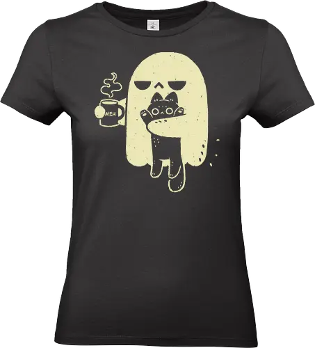 Cute Ghost Holding Cat - morning, monday, ghost, black cat, holding cat, grumpy, coffee, funny, sarcastic, mug, meh, spooky cute, creepy cute, hate, xmorfina - Standard T-Shirt (Frauen)