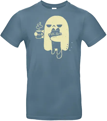 Cute Ghost Holding Cat - morning, monday, ghost, black cat, holding cat, grumpy, coffee, funny, sarcastic, mug, meh, spooky cute, creepy cute, hate, xmorfina - Standard T-Shirt