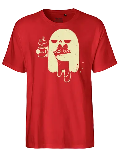 Cute Ghost Holding Cat - morning, monday, ghost, black cat, holding cat, grumpy, coffee, funny, sarcastic, mug, meh, spooky cute, creepy cute, hate, xmorfina - Fairtrade T-Shirt