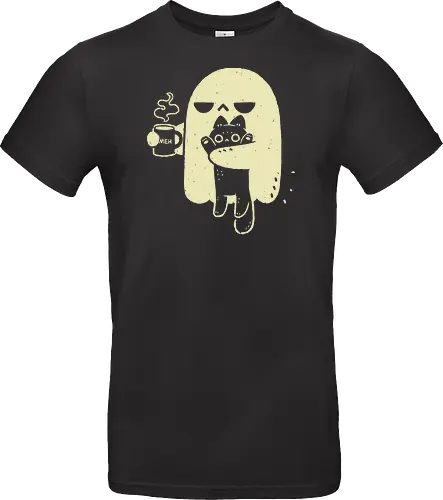 Cute Ghost Holding Cat - morning, monday, ghost, black cat, holding cat, grumpy, coffee, funny, sarcastic, mug, meh, spooky cute, creepy cute, hate, xmorfina - Standard T-Shirt
