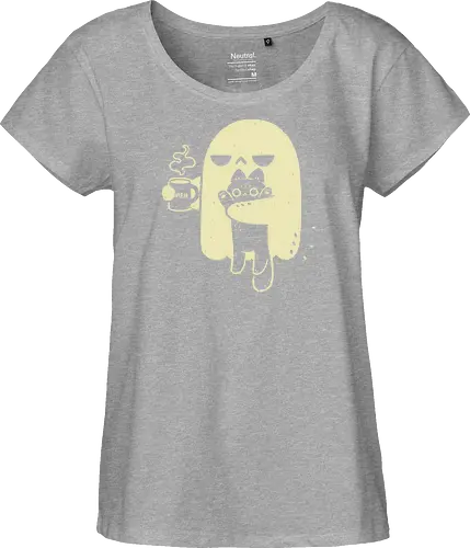 Cute Ghost Holding Cat - morning, monday, ghost, black cat, holding cat, grumpy, coffee, funny, sarcastic, mug, meh, spooky cute, creepy cute, hate, xmorfina - Fairtrade Girl Shirt