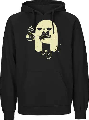 Cute Ghost Holding Cat - morning, monday, ghost, black cat, holding cat, grumpy, coffee, funny, sarcastic, mug, meh, spooky cute, creepy cute, hate, xmorfina - Fairtrade Hoodie