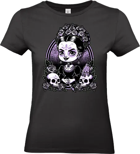 Gothic Muerte Girl - The Addams Family, Wednesday Addams, Addams Family, Morticia Addams, Gomez Addams, Thing, Wednesday, Dia De Los Muertos, Santa Muerte, Goth, Gothic, Skull, Skeleton, Flower, Roses, Tattoo, Traditional Tattoo, Halloween, Spooky, Spooky Season, Tv Show, TV, Movie, Book, Creepy, Scary, Creepy Doll, horror - Standard T-Shirt (Frauen)