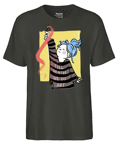 till death we do art - Ringelpullisprüche, Ringeldinger, streifenweise, Spruch, Weisheit, Motivation, Ringelpulli, SprücheShirt, Cartoon Illustration, Kunst, art, Statement, Handgezeichnet, Humor, Selbstironie, Streifenpulli, Spruchshirt, deutsch - Fairtrade T-Shirt