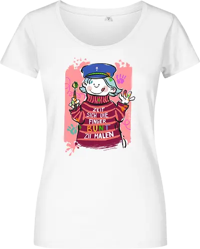 Zeit sich die Finger bunt zu malen - Selbstironie, Streifenpulli, Spruchshirt, deutsch, Ringelpullisprüche, Ringeldinger, streifenweise, Spruch, Weisheit, Motivation, Ringelpulli, SprücheShirt, Cartoon Illustration, malen, kreativ, bunt, farbe, Statement, Handgezeichnet, Humor - Damen T-Shirt