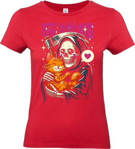 Grim Reaper Loves Cute Cat - cat, grim, grim reaper, cats, cute, cute cat, humor, gothic, japan, japanese, anime, funny, animal, geek, aesthetic, illustration, love, skull, skeleton - Standard T-Shirt (Frauen)
