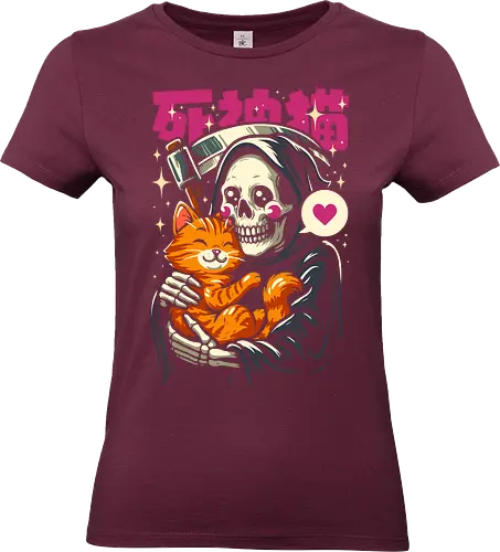 Grim Reaper Loves Cute Cat - cat, grim, grim reaper, cats, cute, cute cat, humor, gothic, japan, japanese, anime, funny, animal, geek, aesthetic, illustration, love, skull, skeleton - Standard T-Shirt (Frauen)