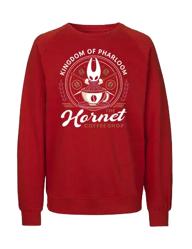 Pharloom Hornet Coffee Crest - Bug Knight, silksong, hallownest, the knight, hollow, hornet, indie game, shade, gamer, gaming, video game, coffee, pale king, grub, sherma - Fairtrade Sweatshirt