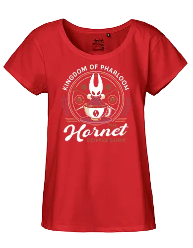 Pharloom Hornet Coffee Crest - Bug Knight, silksong, hallownest, the knight, hollow, hornet, indie game, shade, gamer, gaming, video game, coffee, pale king, grub, sherma - Fairtrade Girl Shirt