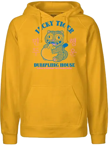 Lucky Tiger Dumpling House - cat, anime, derp, dumpling, food, foodie, funny, korean, kpop, lucky, mashup, parody, retro, tiger, vintage - Fairtrade Hoodie