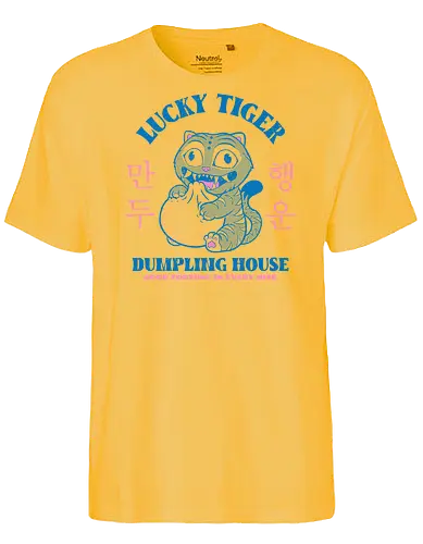 Lucky Tiger Dumpling House - cat, anime, derp, dumpling, food, foodie, funny, korean, kpop, lucky, mashup, parody, retro, tiger, vintage - Fairtrade T-Shirt