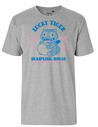 Lucky Tiger Dumpling House - cat, anime, derp, dumpling, food, foodie, funny, korean, kpop, lucky, mashup, parody, retro, tiger, vintage - Fairtrade T-Shirt
